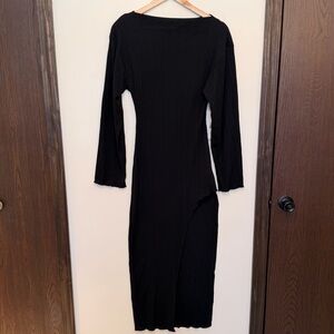 H&M black long sleeve boat neck maxi high slit dress